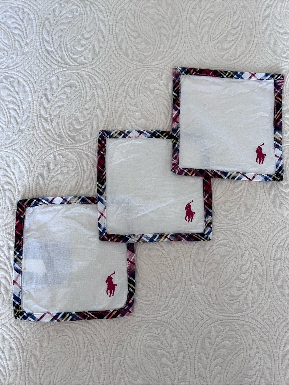 Polo Ralph Lauren Cocktail Napkin Coaster 6” Square Set (3) White Plaid Cotton